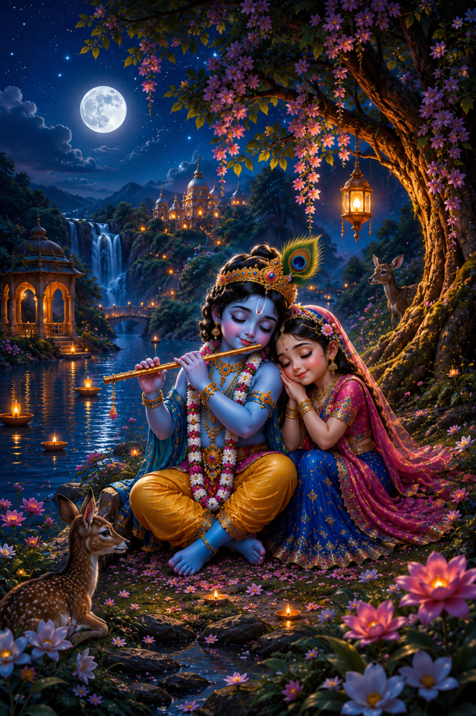 Baby Krishna plays the flute as Radha peacefully sleeps beside him under the moon.