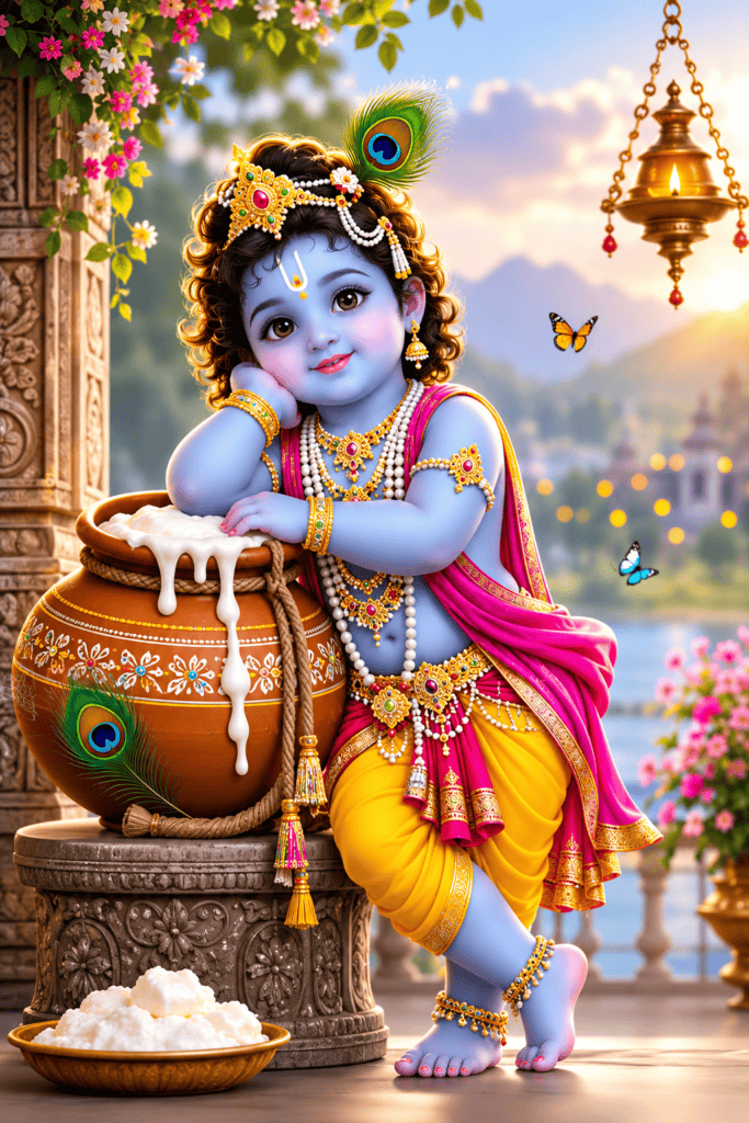 Download peaceful Baby Krishna and Radha night wallpaper in HD and 4K quality.